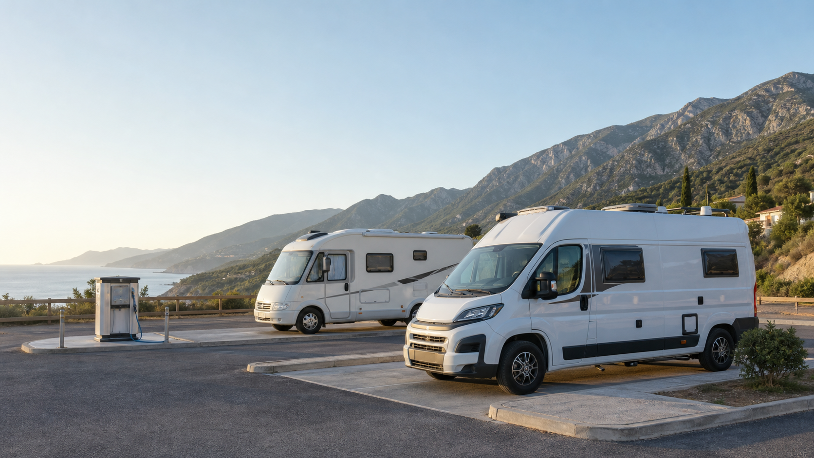 Camper y autocaravana estacionadas en un área habilitada con punto de servicio